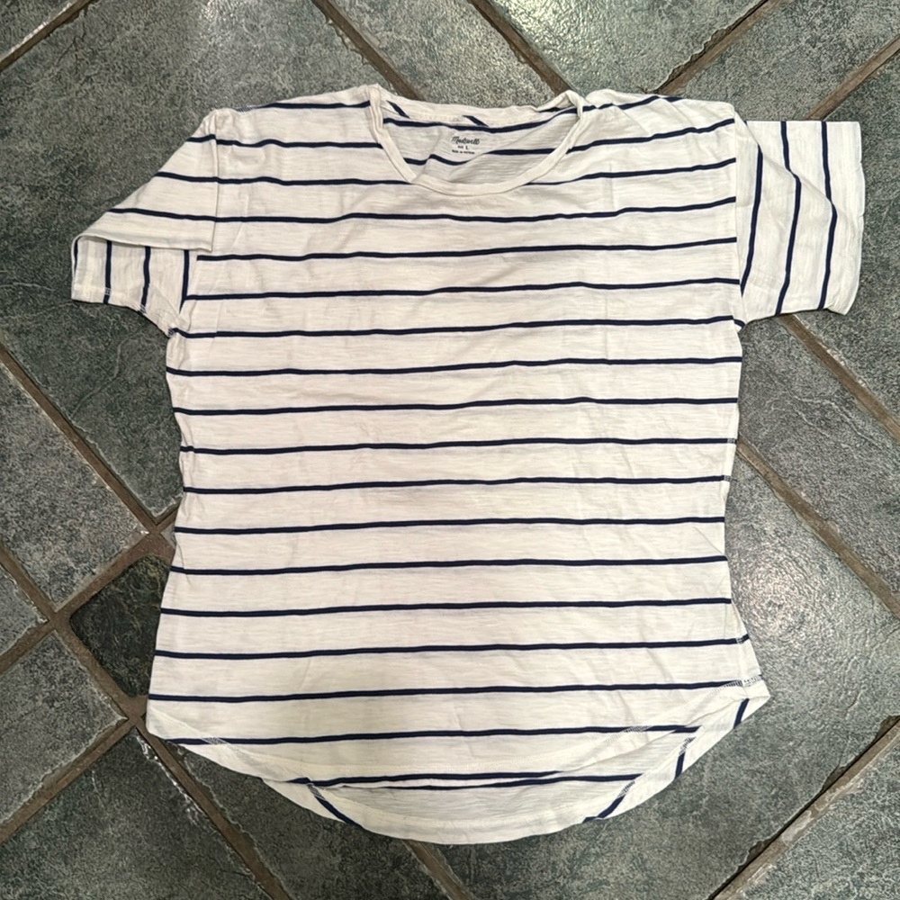 Madewell women's cream and navy blue stripe short sleeve cotton T shirt, L
